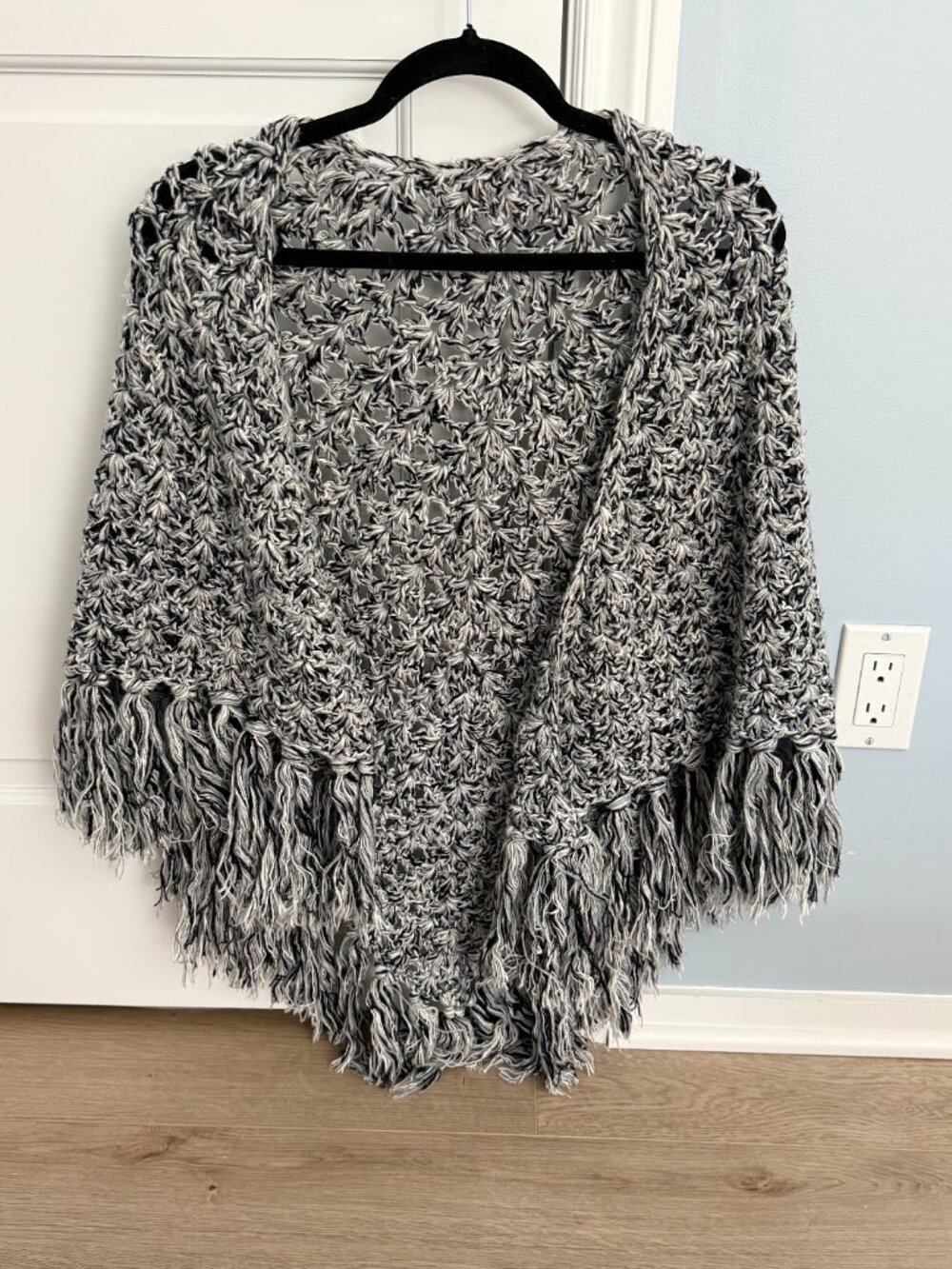 Gray & White Crochet Fringe Shawl